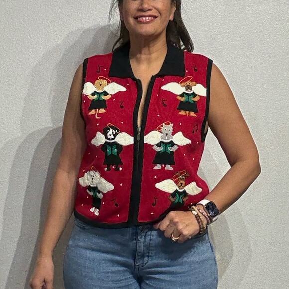 Bechamel Red Embroidered Christmas Angel Choir Dogs Vintage Vest Sz M - Picture 1 of 13